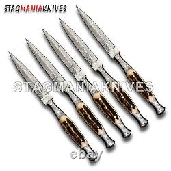 Lot Of 5 HAND FORGED DAMASCUS STEEL FULL TANG HUNTING DAGGER KNIFE-EDC, GIFT