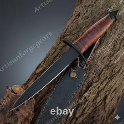 Military Tactical Stiletto Dagger Double Edge Combat Knife with Leather Sheath