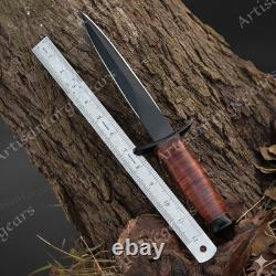 Military Tactical Stiletto Dagger Double Edge Combat Knife with Leather Sheath