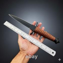 Military Tactical Stiletto Dagger Double Edge Combat Knife with Leather Sheath