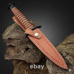 Military Tactical Stiletto Dagger Double Edge Combat Knife with Leather Sheath