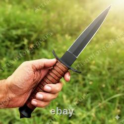 Military Tactical Stiletto Dagger Double Edge Combat Knife with Leather Sheath