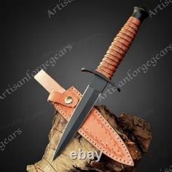 Military Tactical Stiletto Dagger Double Edge Combat Knife with Leather Sheath