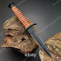 Military Tactical Stiletto Dagger Double Edge Combat Knife with Leather Sheath