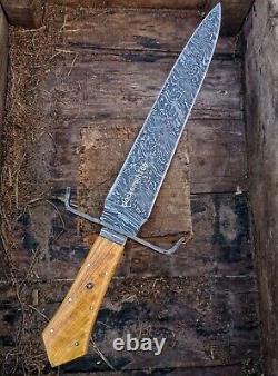 Olive Wood Custom Handmade Damascus Steel Hunting Toothpick Dagger Knife 17.5