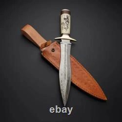 Premium Hand Forged Damascus Steel Dagger Knife with Bone Handle Hunting Knife