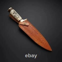 Premium Hand Forged Damascus Steel Dagger Knife with Bone Handle Hunting Knife