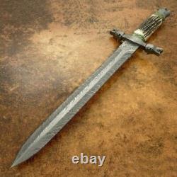 Rare Custom Hand Made Damascus Steel Art Dagger Hunting Knife Stag Anlter Handle
