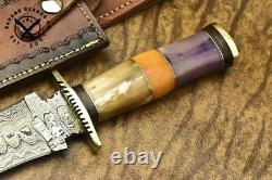 SBC Handmade Damascus Steel Hunting Dagger Knife With Camel Bone Handle & Sheath