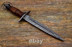 SBC Handmade Damascus Steel Hunting Dagger Knife With Leather Roll Handle & Sheath