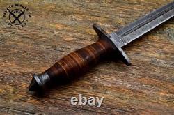 SBC Handmade Damascus Steel Hunting Dagger Knife With Leather Roll Handle & Sheath