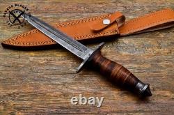 SBC Handmade Damascus Steel Hunting Dagger Knife With Leather Roll Handle & Sheath