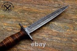 SBC Handmade Damascus Steel Hunting Dagger Knife With Leather Roll Handle & Sheath