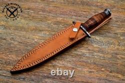 SBC Handmade Damascus Steel Hunting Dagger Knife With Leather Roll Handle & Sheath