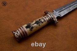 SBC Handmade Damascus Steel Hunting Dagger Knife With Scrimshaw Camel Bone Handle