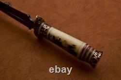 SBC Handmade Damascus Steel Hunting Dagger Knife With Scrimshaw Camel Bone Handle