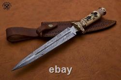 SBC Handmade Damascus Steel Hunting Dagger Knife With Scrimshaw Camel Bone Handle