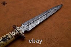 SBC Handmade Damascus Steel Hunting Dagger Knife With Scrimshaw Camel Bone Handle