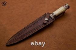 SBC Handmade Damascus Steel Hunting Dagger Knife With Scrimshaw Camel Bone Handle