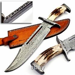 SC Handmade Damascus Steel Hunting Bowie Knife Stag Handle With Leather Sheath