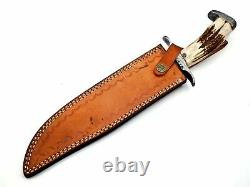SC Handmade Damascus Steel Hunting Bowie Knife Stag Handle With Leather Sheath