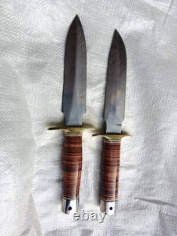 Set Of 2 Custom Handmade Stacked Leather Handle Hunting Dagger & Bowie Knife