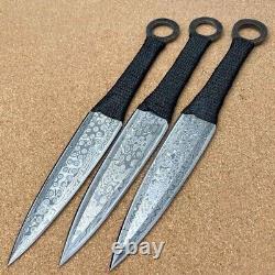 Set Of 3 Custom Handmade Damascus Steel Dagger Bowie Knife With Leather Sheath