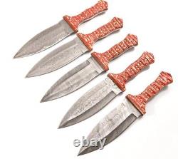 Set Of 5 Kma Custom Damascus Steel Forge Smatchet Combat Dagger Knives