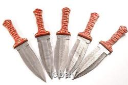 Set Of 5 Kma Custom Damascus Steel Forge Smatchet Combat Dagger Knives