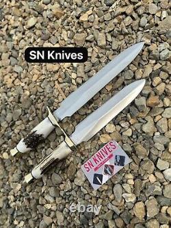 Set of 2-Custom Handmade Carbon Steel Hunting Dagger Bowie Knife Camping+Sheath