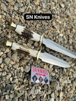 Set of 2-Custom Handmade Carbon Steel Hunting Dagger Bowie Knife Camping+Sheath