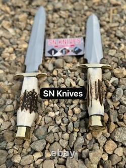 Set of 2-Custom Handmade Carbon Steel Hunting Dagger Bowie Knife Camping+Sheath
