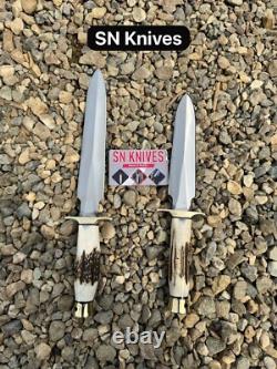 Set of 2-Custom Handmade Carbon Steel Hunting Dagger Bowie Knife Camping+Sheath