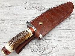 Stag Antler Handle Custom Handmade Hunting Dagger Bowie Camp Sharp Knife Sheath