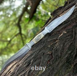Stag Horn Handle Custom Handmade Damascus Steel Hunting Dagger Bowi Knife