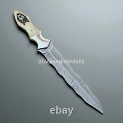 Top Handmade Feather Damascus Steel Hunting Survival Collectible Dagger Knife