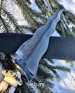Ubr Custom Handmade Damascus Steel Flamberge Dagger Knife With Stag Horn Handle