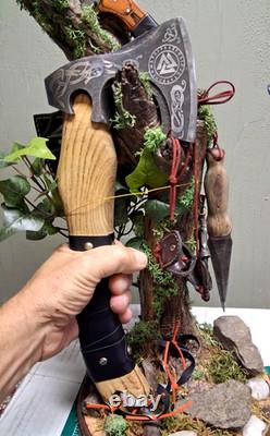 Viking Set. Ax, Damascus Knife, Damascus dagger, sheaths and stand. New