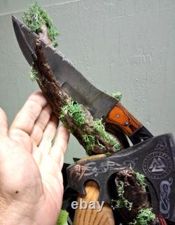 Viking Set. Ax, Damascus Knife, Damascus dagger, sheaths and stand. New
