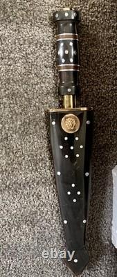 Vintage Filipino Dagger Knife, Buffalo Horn Handle & Scabbard with Gold Lion