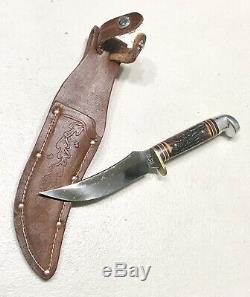 Vintage Western USA H40J Antler Stag Handle Fighting Hunting Dagger Knife Sheath