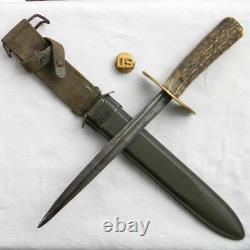 WW2 era theater-made fighting dagger, rapier blade, stag handle, comp scabbard