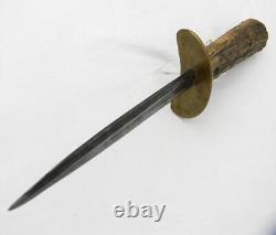 WW2 era theater-made fighting dagger, rapier blade, stag handle, comp scabbard