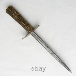 WW2 era theater-made fighting dagger, rapier blade, stag handle, comp scabbard