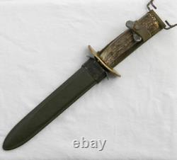 WW2 era theater-made fighting dagger, rapier blade, stag handle, comp scabbard