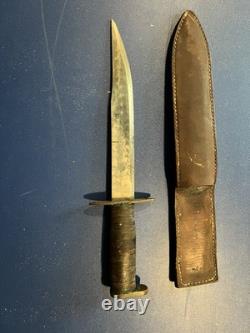 WWII Theater Made Fighting Knife with Leather Sheath Vintage Combat Dagger