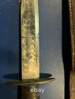 WWII Theater Made Fighting Knife with Leather Sheath Vintage Combat Dagger