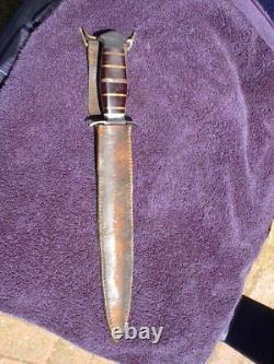 Ww1 Ww2 Custom Made Us Army Fighting Knife, Dagger, With Leather Sheath