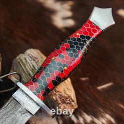 12,6 Couteau-poignard artisanal en acier Damas à pleine soie, manche en résine + étui