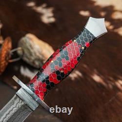 12,6 Couteau-poignard artisanal en acier Damas à pleine soie, manche en résine + étui